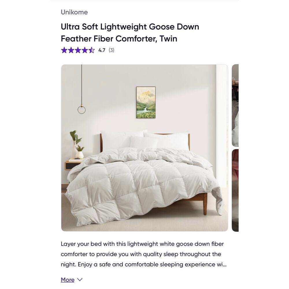 Unikome Twin Ultra Soft Lightweight Goose Down Feather Fiber Comforter